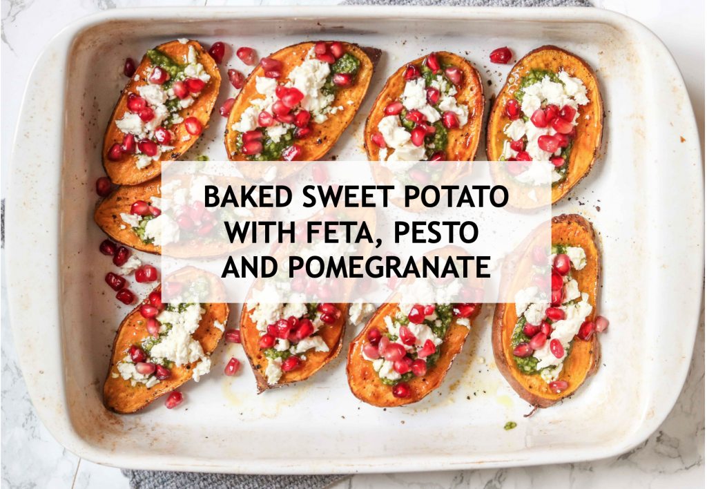 Baked Sweet Potato with Feta, Pesto and Pomegranate