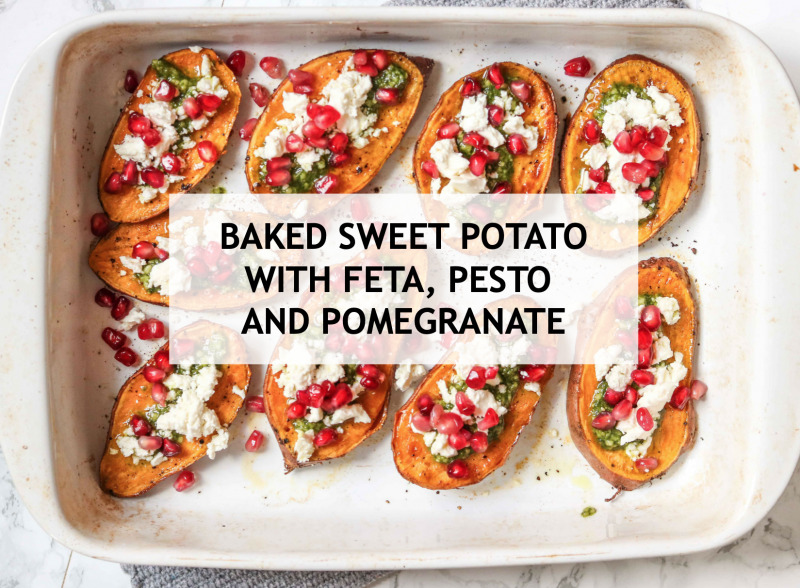 Baked Sweet Potato with Feta, Pesto and Pomegranate