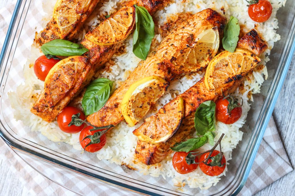 Baked salmon rice tray bake healthy recipe